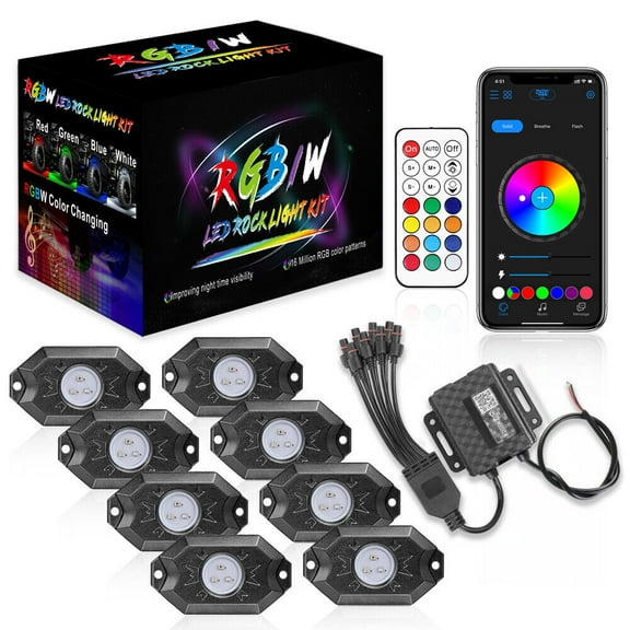 8 Pods RGB LED Rock Light Kit Underbody Lights APP Bluetooth Controller for Car Truck UTV Marine