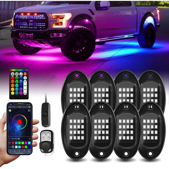 8 Pods RGB LED Rock Lights with APP/RF Remote Control High Brights Waterproof Underglow Multicolor Zone Neon Exterior Rock Lights for 12V Trucks Jeep UTV ATV RZR Offroad Pickup SUV Accessory
