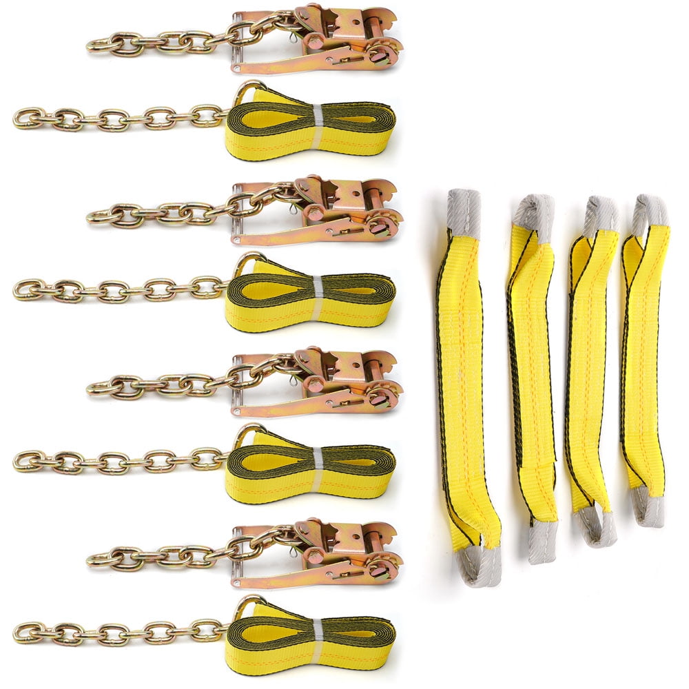 8 Point Roll Back Vehicle Tie Down Kit, with Chain Extension on Both Ends, Ratchet Handles