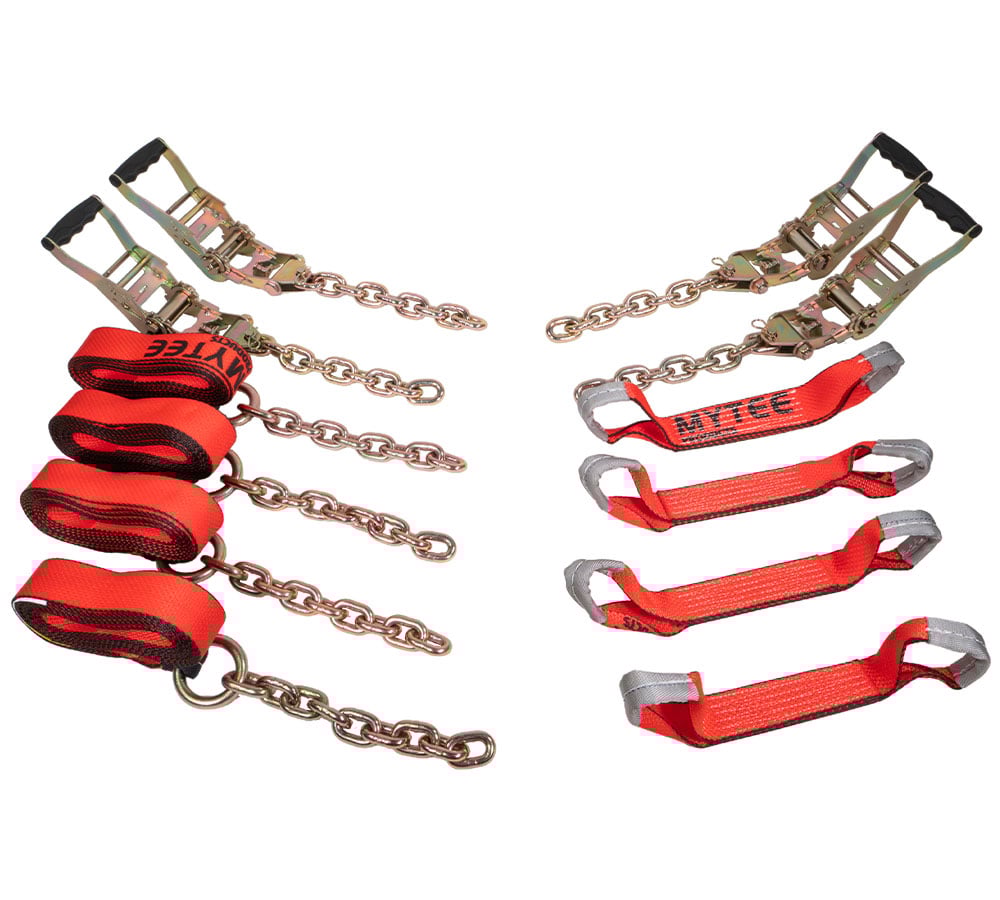 8 Point Roll Back Vehicle Tie Down Kit with Chain Extension on Both Ends - 14 FT Straps, Ratchet Handles - WLL 3333 LB - Tow Truck Straps Car Hauler Tie Down System - Red