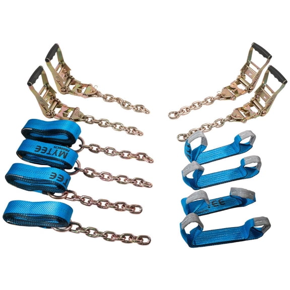 8 Point Roll Back Vehicle Tie Down Kit with Chain Extension on Both Ends - 14 FT Straps, Ratchet Handles - WLL 4000 LB - Tow Truck Straps Car Hauler Tie Down System - Blue