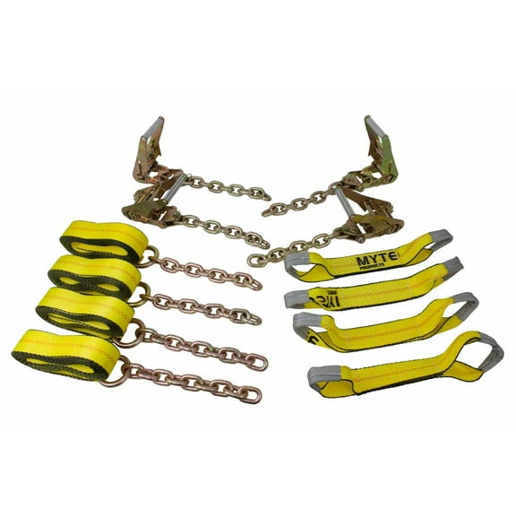 8 Point Roll Back Vehicle Tie Down Kit with Chain Extension on Both Ends - 18 FT Straps, Ratchet Handles - Working Load Limit 3333 LB - Tow Truck Straps Car Hauler Tie Down System