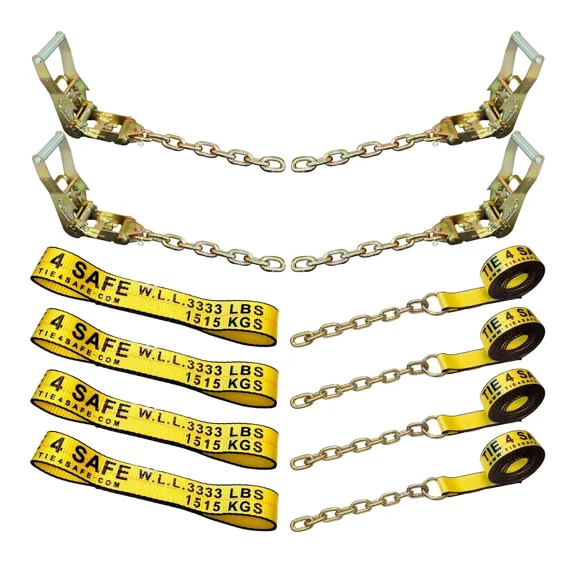 Mega Cargo Control 8 Point Rollback Tie-Down System Chain Ends for Car Hauler Carrier Tow Truck, 2" x 14' Yellow