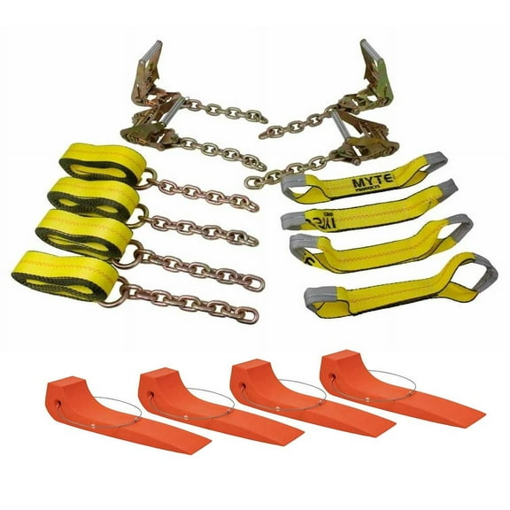 8-Point Rollback Tie Down System with Chain Ends & (4 Pack) Safety Orange Auto Tire Skates for Tow Truck and Wrecker