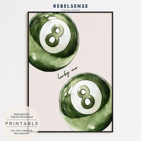 8 Pool Ball Print, Sage Green Lucky Me Poster, Apartment Wall Art, Retro Poster, Maximalist Wall Art, Preppy Posters, Aesthetic Poster Wall Art, Modern Wall Decor, 8x12 UNFRAMED