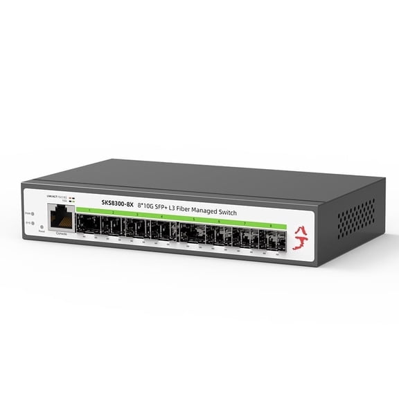 8-Port 10Gbps SFP+ L3 Managed SwitchSupports 1/2.5/10G Modules, 160Gbps BandwidthSupported DHCP/OSPF/BGP/RIP/VLAN/ACL/LACP/ARP/IGMP, Intelligent Fan Cooling, Desktop/Wall-Mount