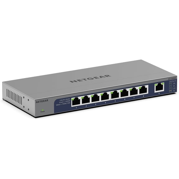 8-Port 1G/10G Multi-Gigabit Ethernet Unmanaged Switch (GS108MX) - with 1 x 10G/Multi-gig RJ-45 Ethernet Uplink, Desktop or Wall Mount, and Limited Lifetime Protection