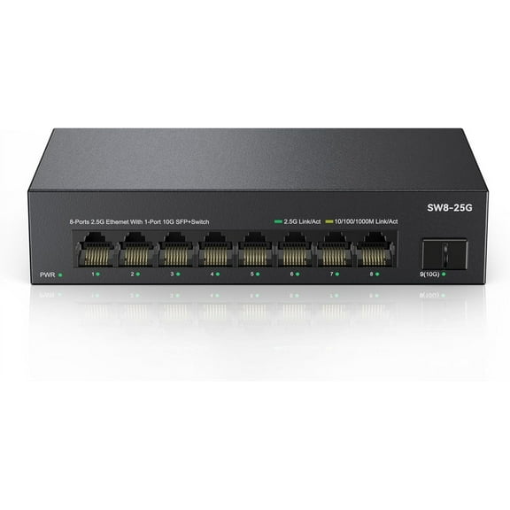 8 Port 2.5G Ethernet Switch Unmanaged Network Switch with 8 x 2.5 Gigabit | 1 x 10G SFP+ | Work with 10-100-1000Mbps Devices | 60G Bandwidth | Plug & Play | Fanless Quiet Metal Internet Switch