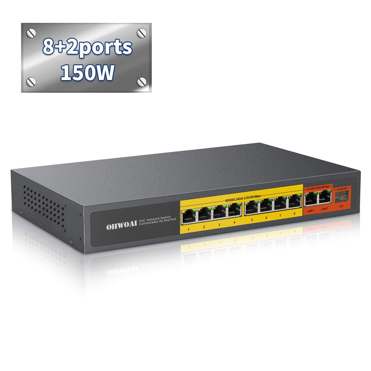 8-Port 1G Ethernet PoE+ Switch, 8 x PoE+ Ports @130W, with 2 x 1Gb SFP  Uplinks, Fanless Powered by FS