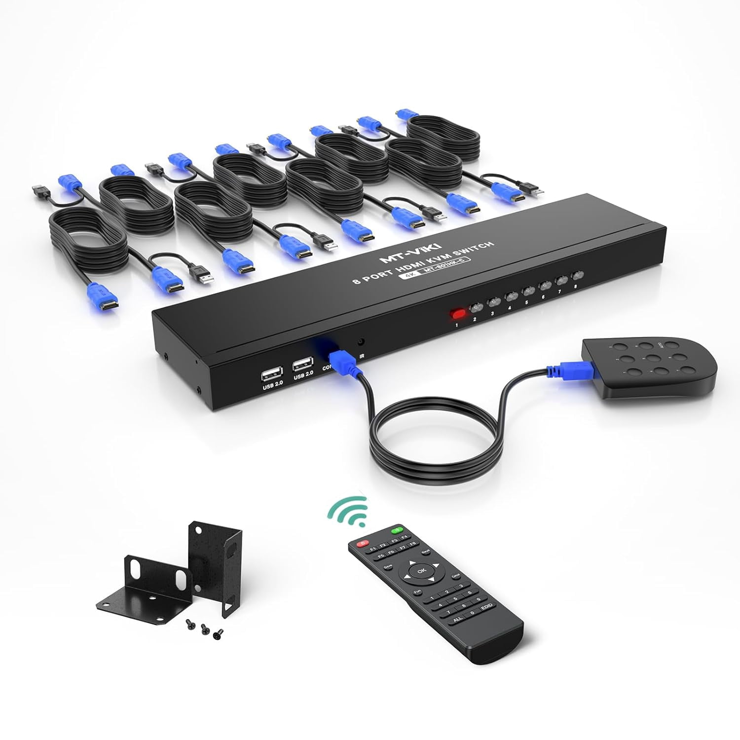 8 Port KVM Switch HDMI, 4K@30Hz 1U Rack Mount KVM Switch w/IR Remote & Wire-Desktop Controller & 8 HDMI KVM Cables & Rack Ears & Power Adapter