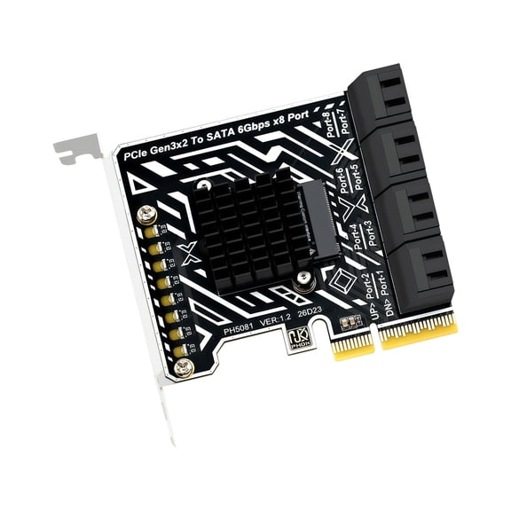 8-Port PCIe Gen3x2 to SATA3 Expansion Card - 6Gbps per Port, Up to 240TB Total Storage Capacity, Stable Transmission for HDDs/SSDs, Features LED Indicators and Effective Cooling