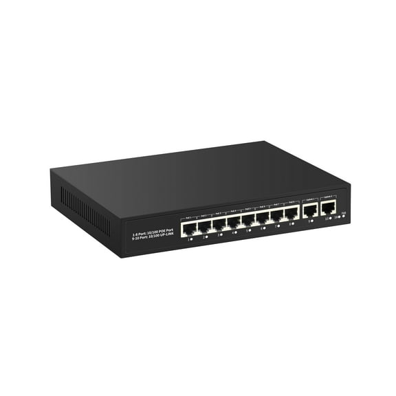 8 Port Plug and Play PoE+ Switch with 2 Uplink Ports, Up to 30W Per Port, Total Budget 150W, 803.af Compliant, 10/100Mbps