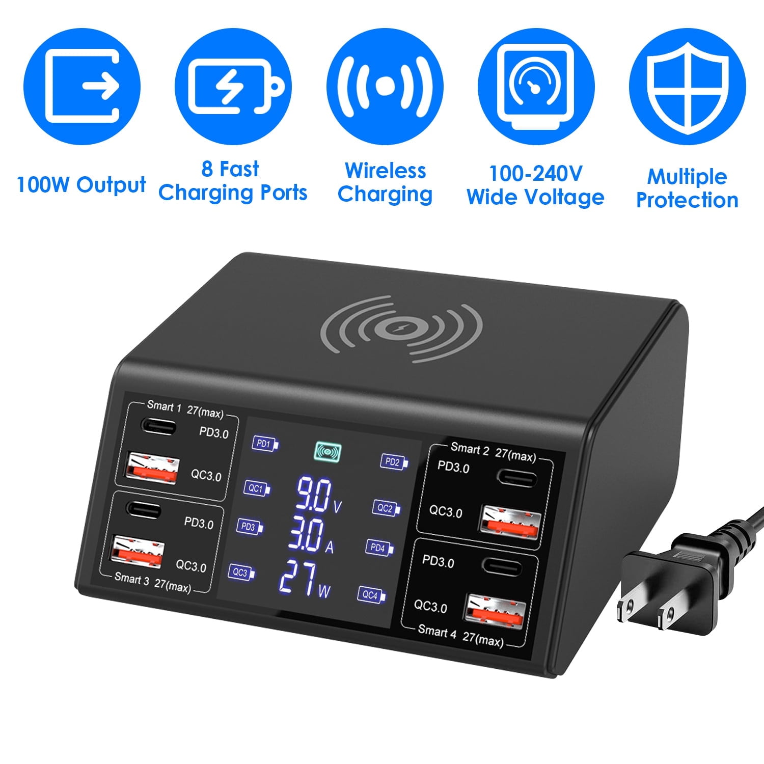 140W 8-Port USB Charging Station With Wireless Pad & AC Outlet – Fast PD/QC 3.0 Charger Hub For Multiple Devices
