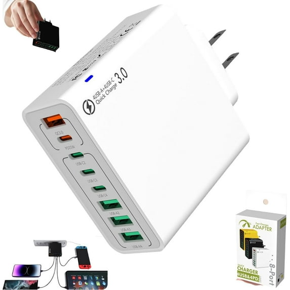 8-Port Waterproof USB Charger Station- Fast Charging Hub for Multiple USB Charger Station, Portable Water-Resistant Charger for Home, Office & Travel (White)