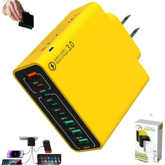 8-Port Waterproof USB Charger Station- Fast Charging Hub for Multiple USB Charger Station, Portable Water-Resistant Charger for Home, Office & Travel (Yellow)