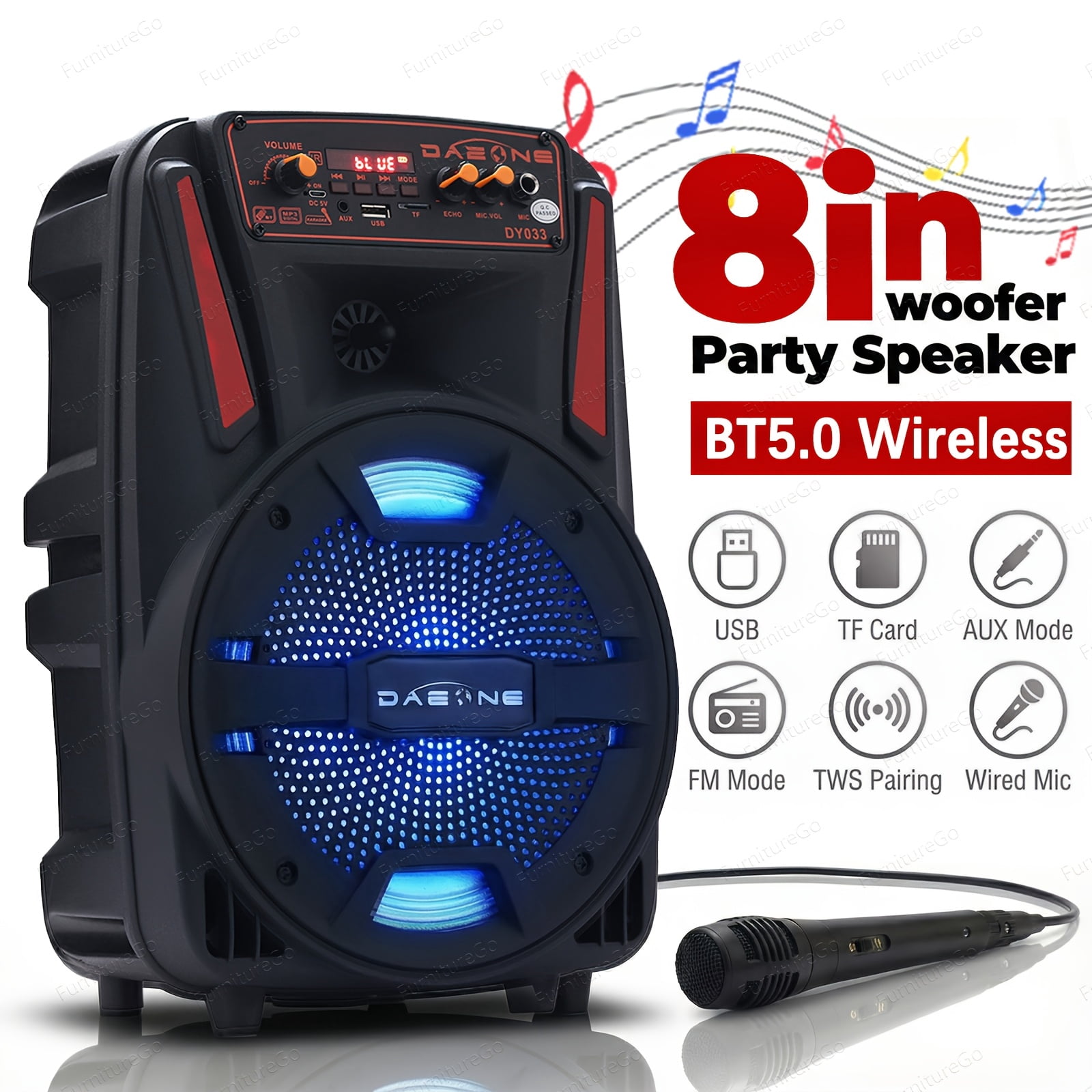 8" Portable BT Wireless Speaker with LED Party Lights | TWS Stereo, FM ...