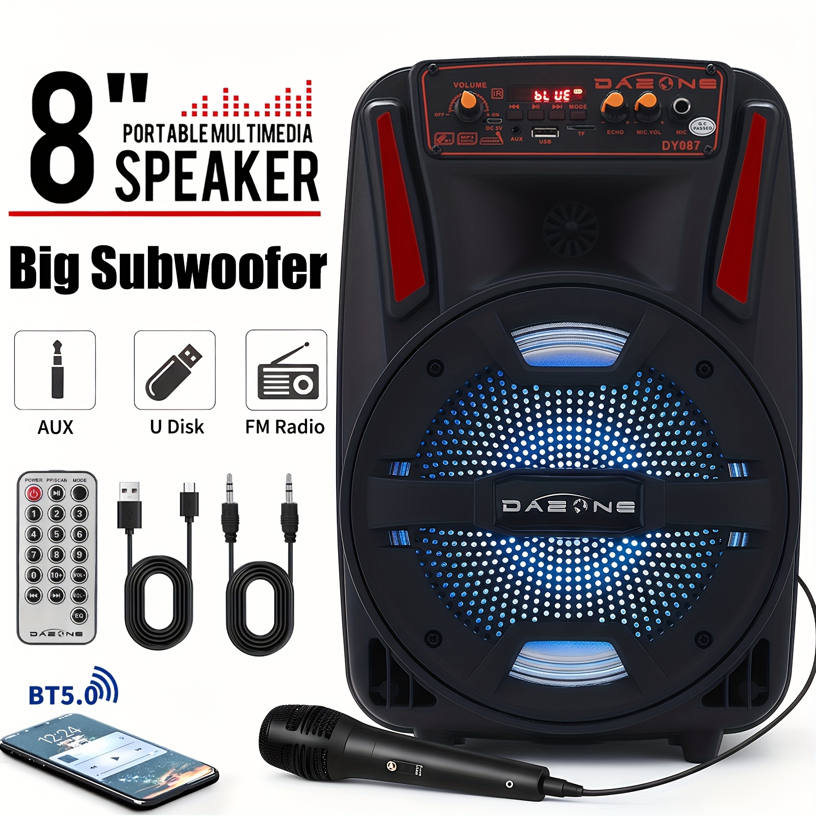 8" Portable Bluetooth Party Speaker with LED Lights - TWS Stereo, FM ...