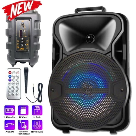 8” Portable Bluetooth Speaker LED Rechargeable 2-Way PA Speaker with FM Radio/USB/SD Slot/Karaoke