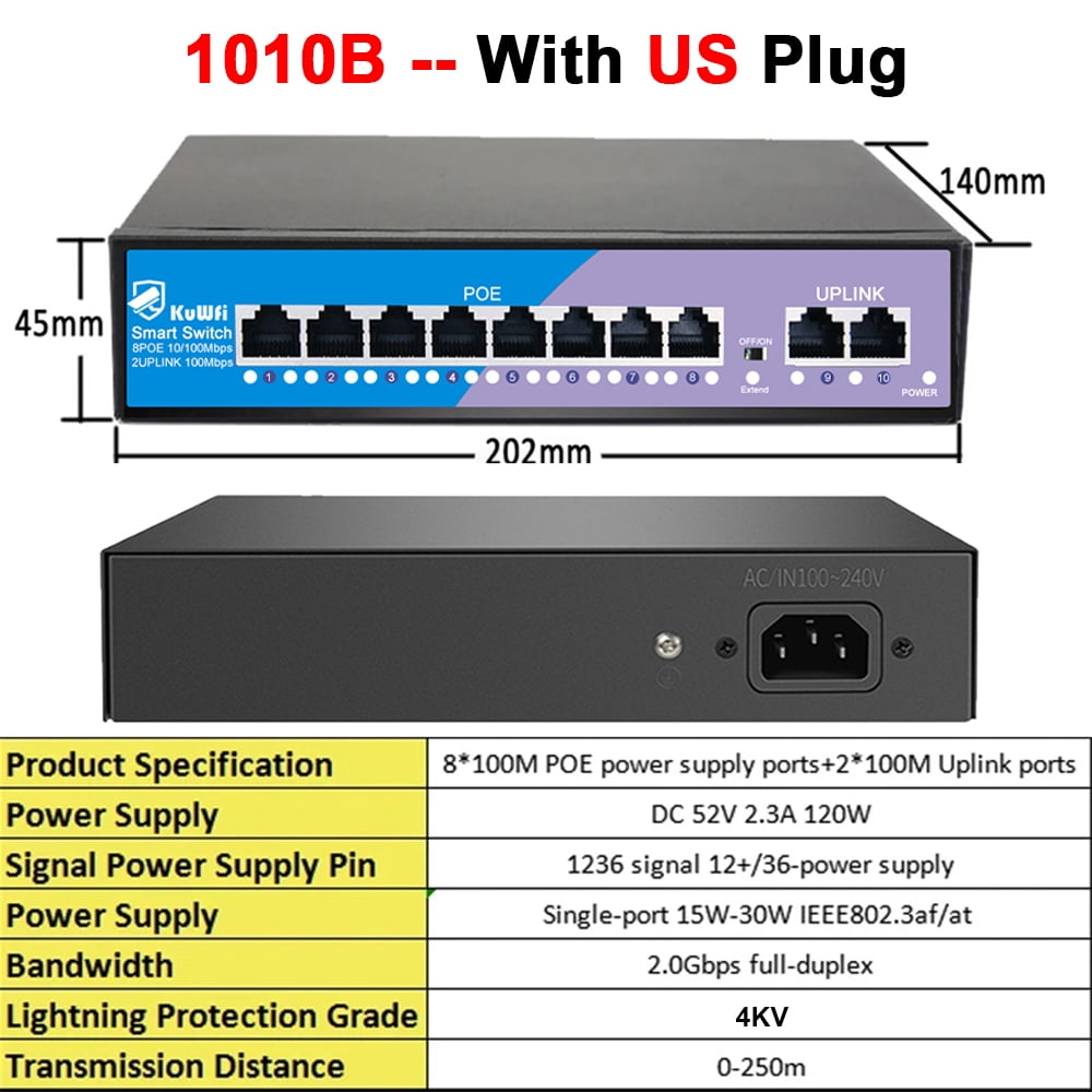 8 Ports POE Switch 100Mbps Ethernet Network Switch 4KV Lightning ...