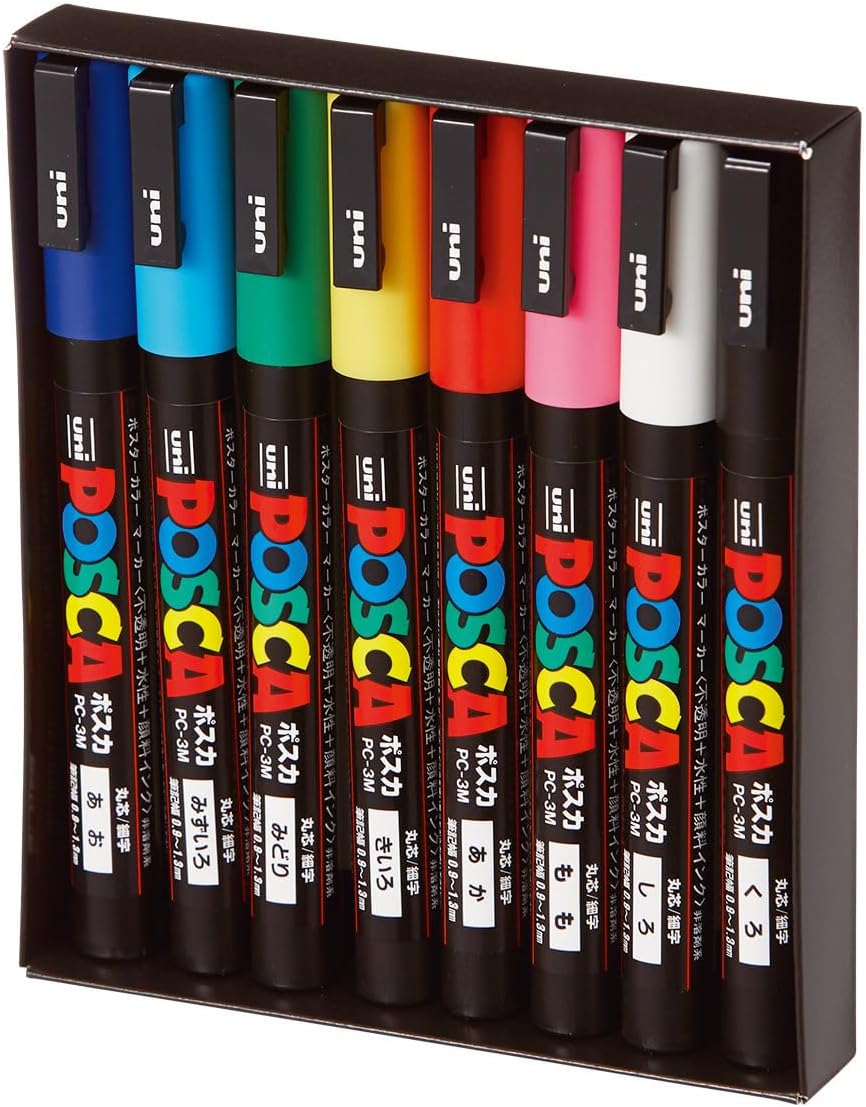 8 Posca Paint Markers, 3M Fine with Reversible Tips, Set of Acrylic