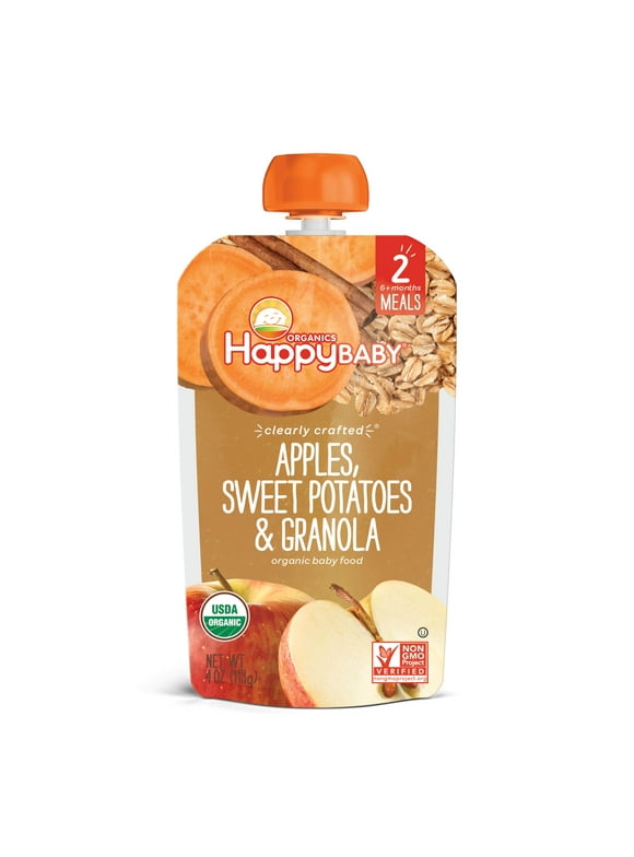 Happy Baby Organics Clearly Crafted Stage 2 Baby Food, Apples Sweet Potatoes & Granola, 4 oz Pouches (8 Pack)
