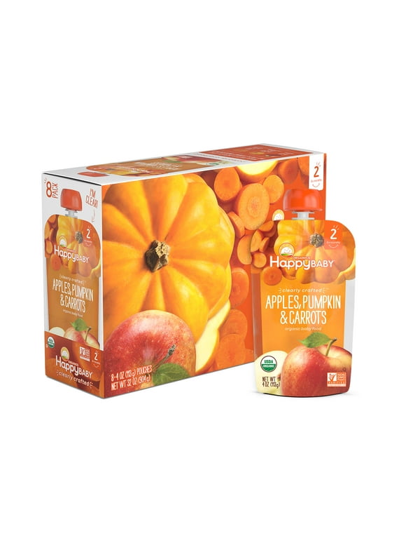 Happy Baby Organics Stage 2 Baby Food, Apples Pumpkin & Carrots, 4 oz Pouches (8 Pack)