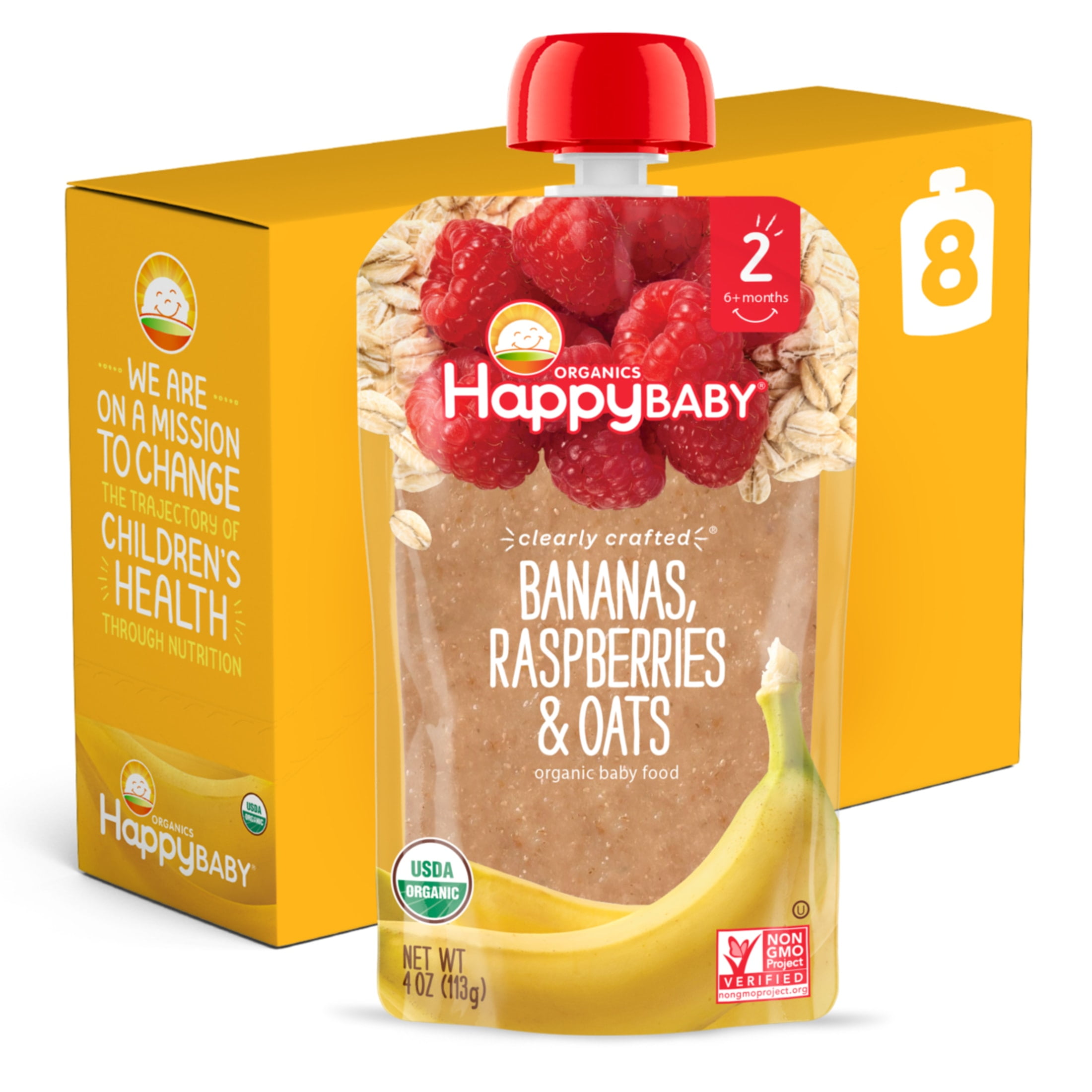 (8 Pouches) Happy Baby Organics Baby Food, Bananas, Raspberries & Oats, 4 Oz