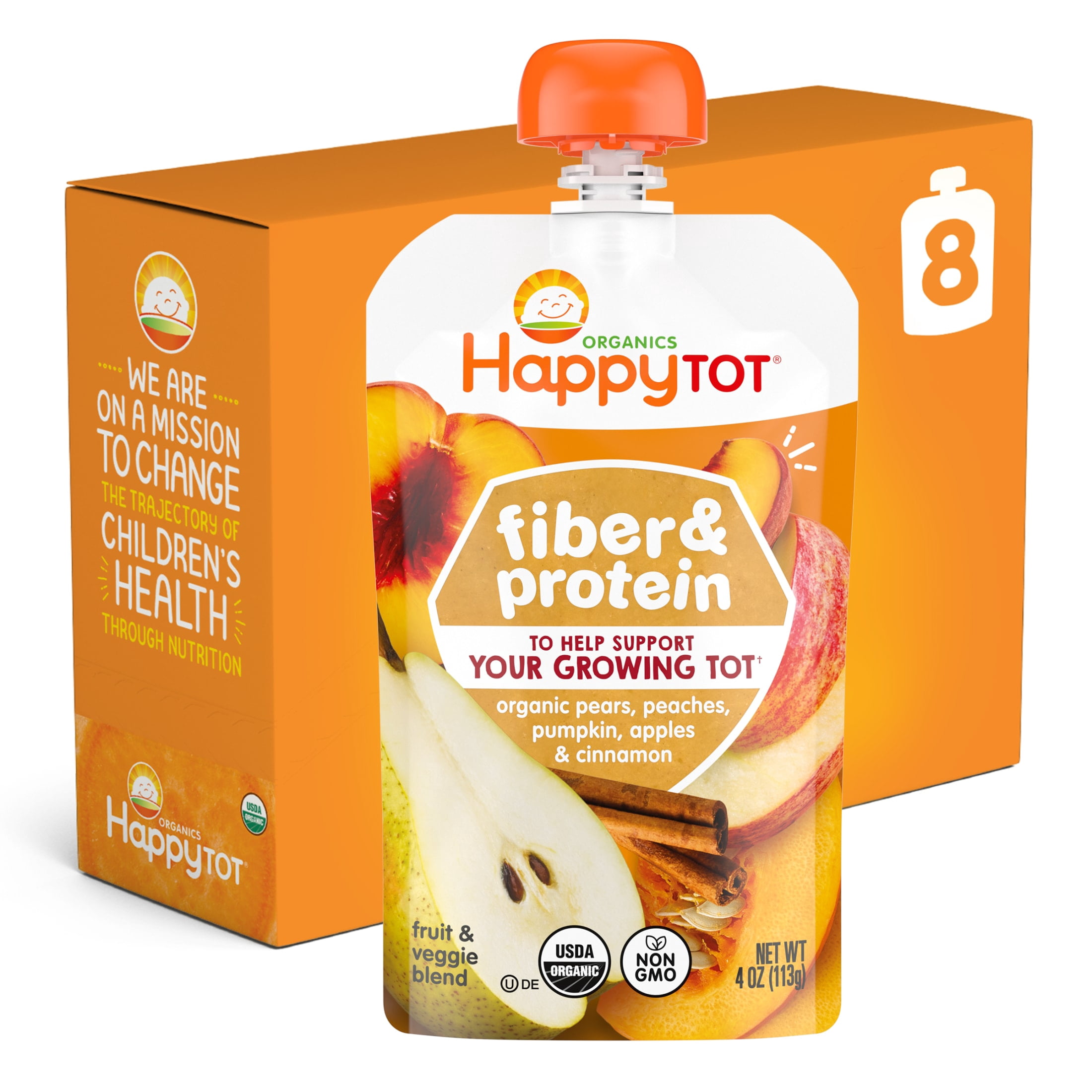 Happt Tot Organics Stage 4 Baby Food Pouches, Gluten Free, Vegan Snack, Fiber & Protein Fruit & Veggie Puree, Apples, Peaches, Pumpkin & Cinnamon, 4 oz. (Pack of 8)