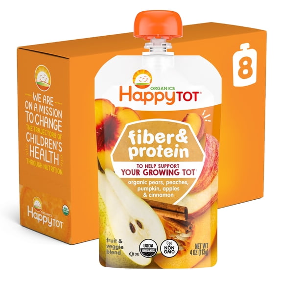 Happt Tot Organics Stage 4 Baby Food Pouches, Gluten Free, Vegan Snack, Fiber & Protein Fruit & Veggie Puree, Apples, Peaches, Pumpkin & Cinnamon, 4 oz. (Pack of 8)