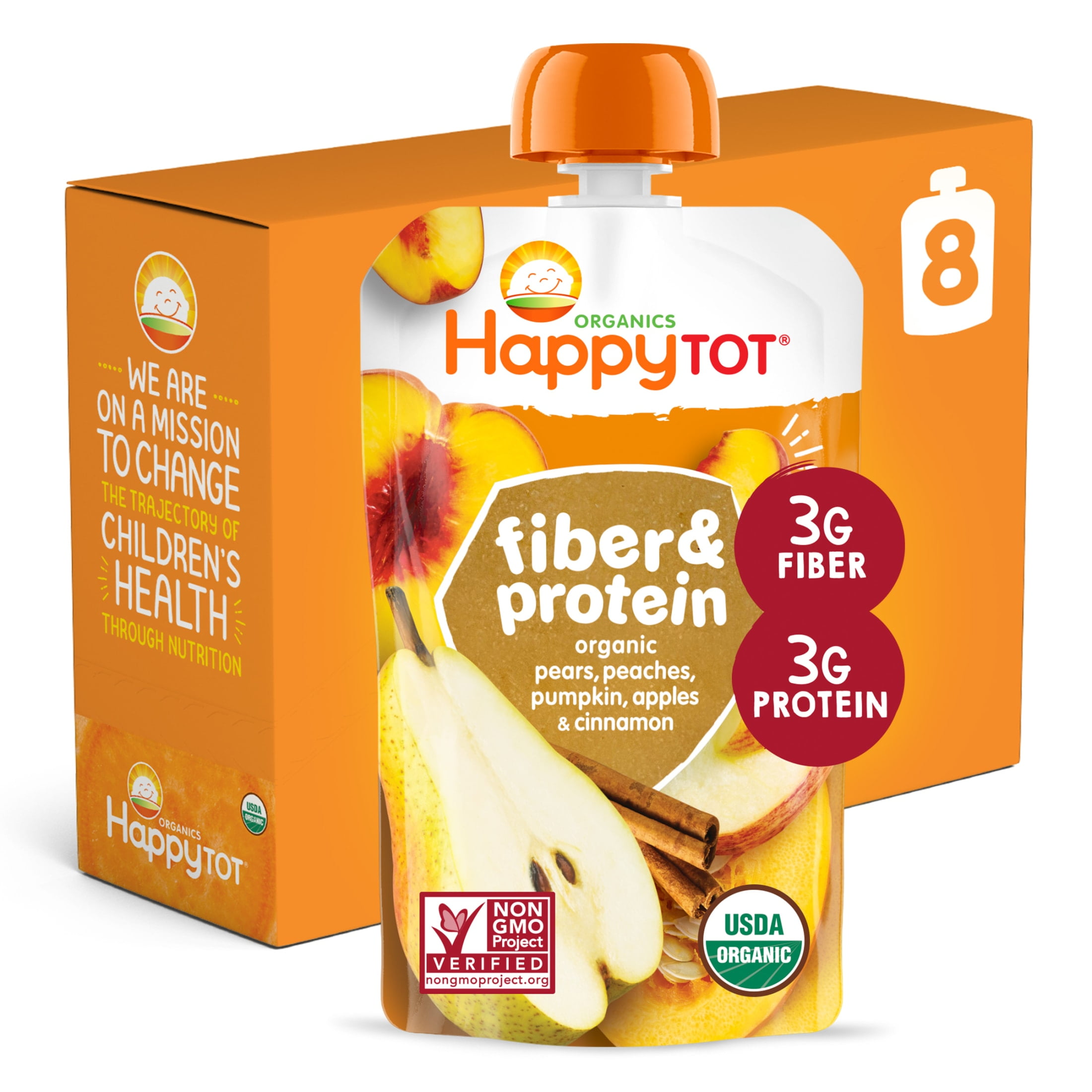 Happt Tot Organics Stage 4 Baby Food Pouches, Gluten Free, Vegan Snack, Fiber & Protein Fruit & Veggie Puree, Apples, Peaches, Pumpkin & Cinnamon, 4 oz (Pack of 8)