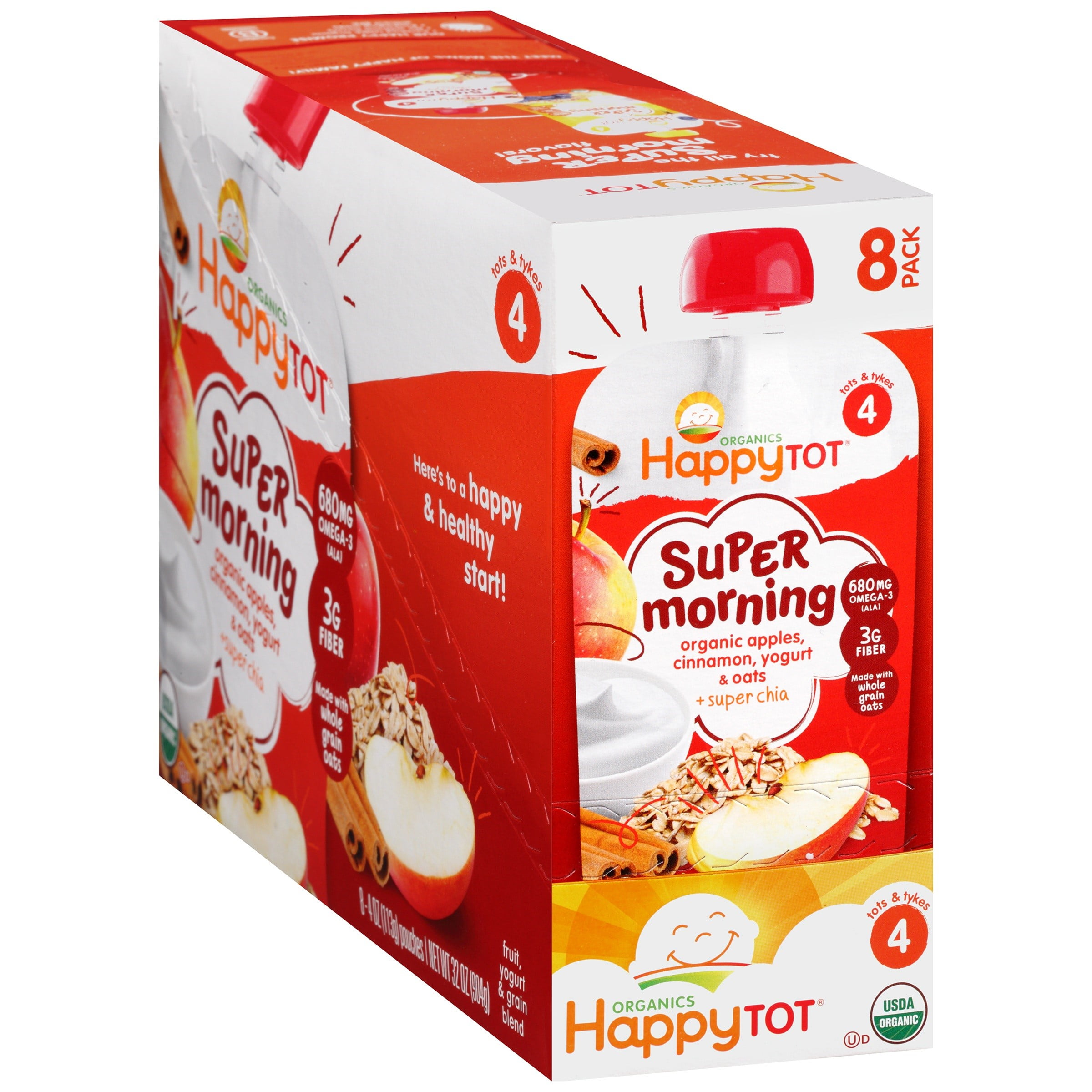 (8 Pouches) Happy Tot Organics Super Morning Baby Food, Stage 4, Apple