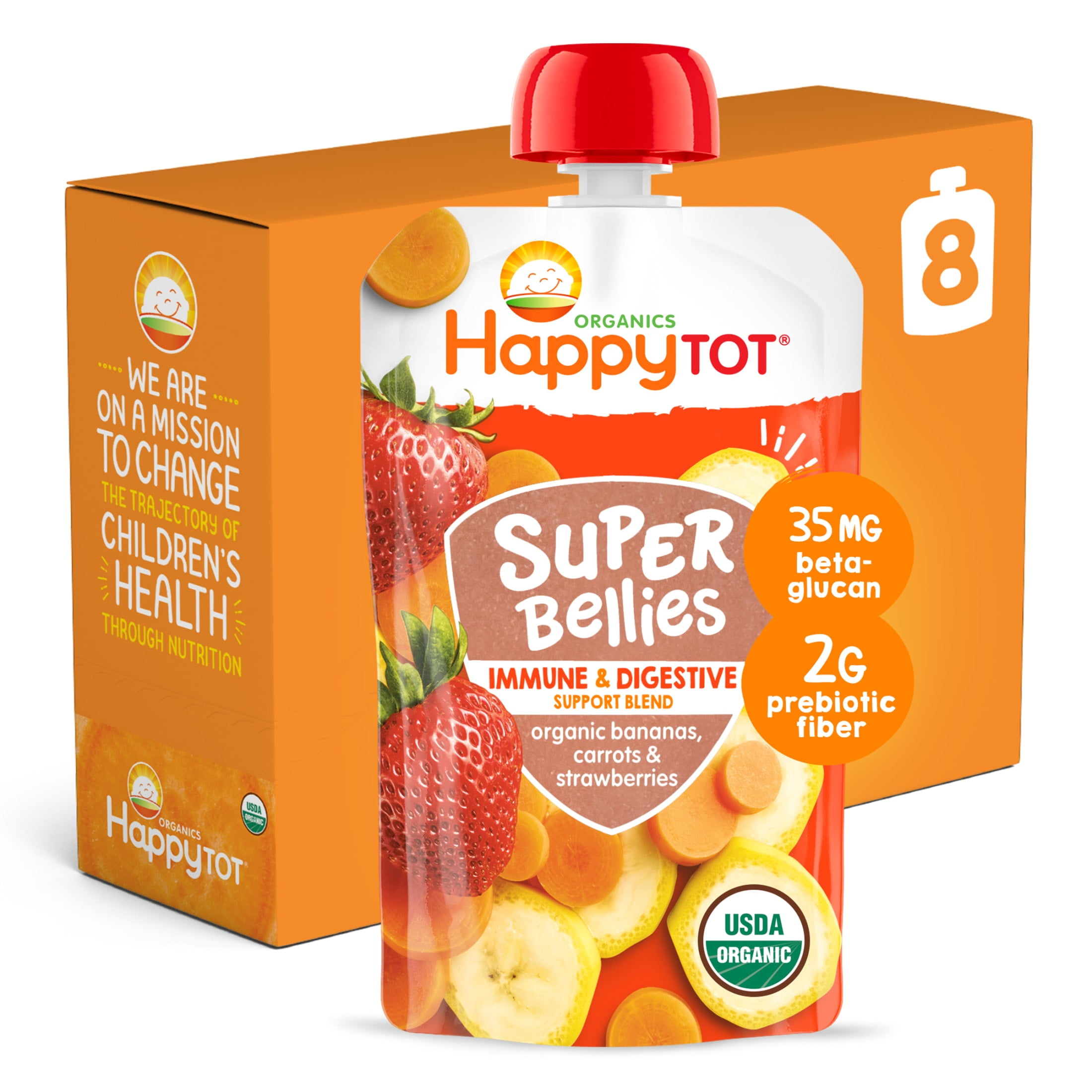 (8 Pouches) Happy Tot Super Bellies, Stage 4, Organic Toddler Food, Bananas, Carrots & Strawberries, 4 oz