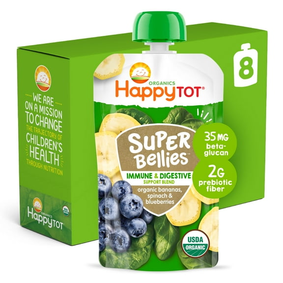 (8 Pouches) Happy Tot Super Bellies, Stage 4, Organic Toddler Food, Bananas, Spinach, & Blueberries, 4 oz
