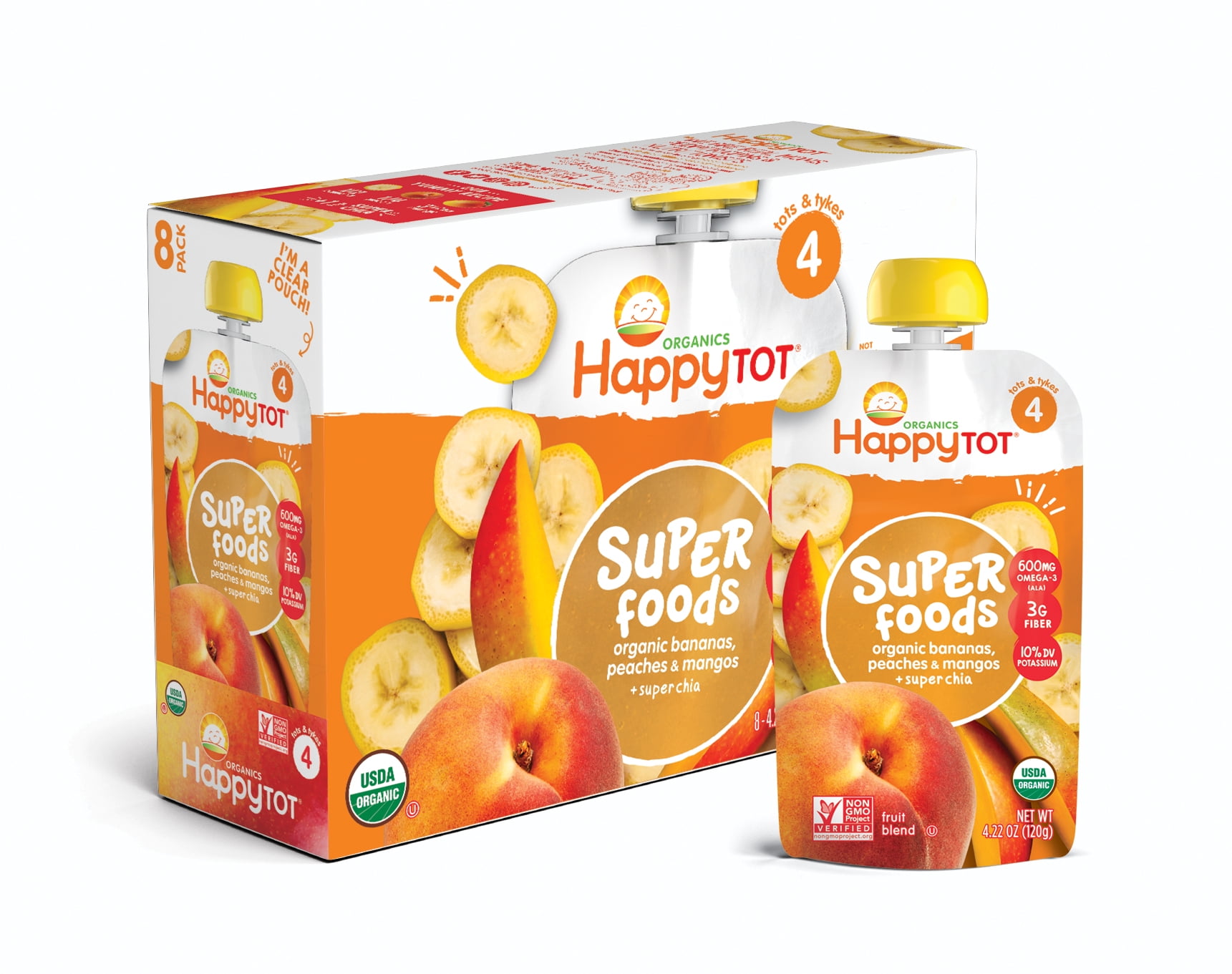 (8 Pouches) Happy Tot Super Foods Pouches Organic Bananas, Peaches