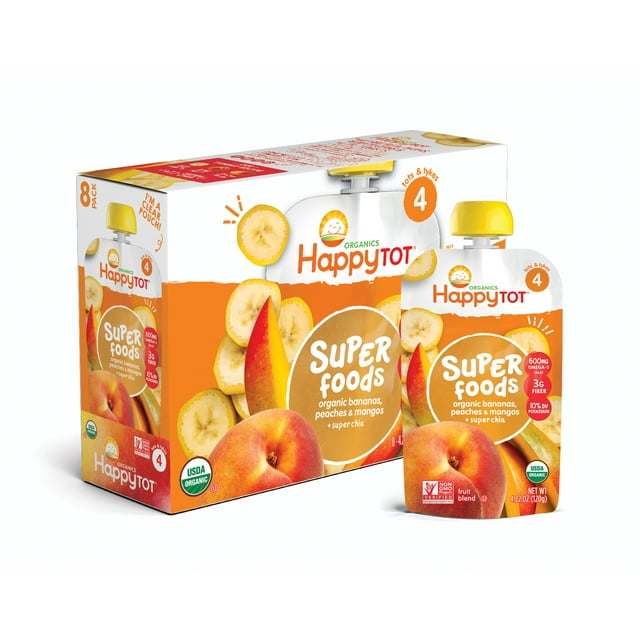 (8 Pouches) Happy Tot Super Foods Pouches Organic Bananas, Peaches