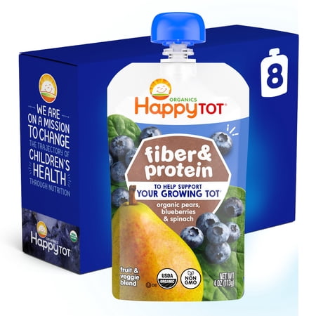 Happy Tot Organics Fiber & Protein, Stage 4, Pears Blueberries & Spinach Organic Tot Food, 4 oz. (8 pack)