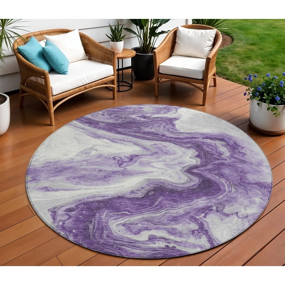 HomeRoots 618342 8 ft. Purple & Silver Round Abstract Washable Indoor & Outdoor Area Rug