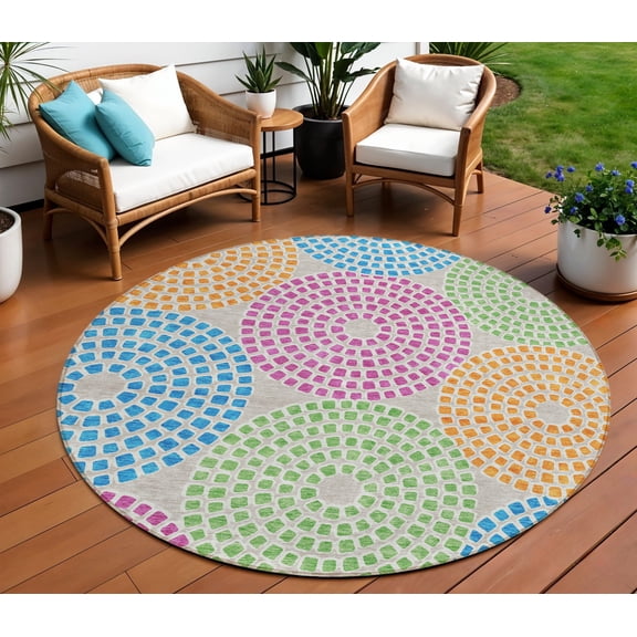 HomeRoots 591941 8 ft. Purple, Green & Aqua Round Geometric Washable Indoor & Outdoor Area Rug