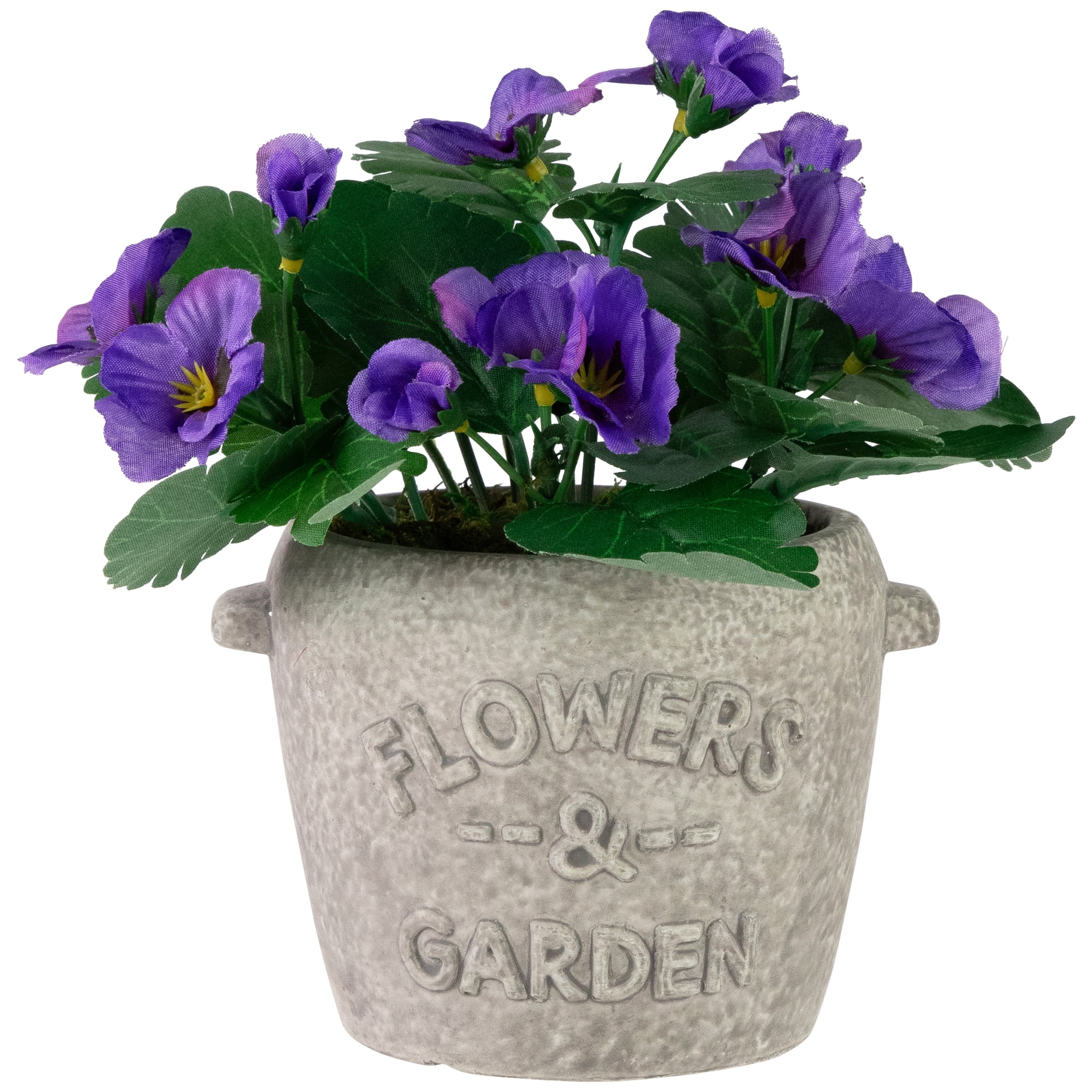 8" Purple Pansy Flower Artificial Spring Plant in a Cement Pot