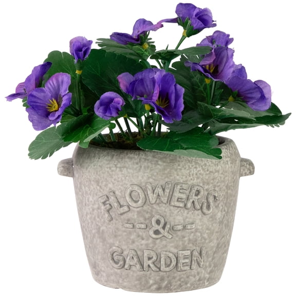 8" Purple Pansy Flower Artificial Spring Plant in a Cement Pot