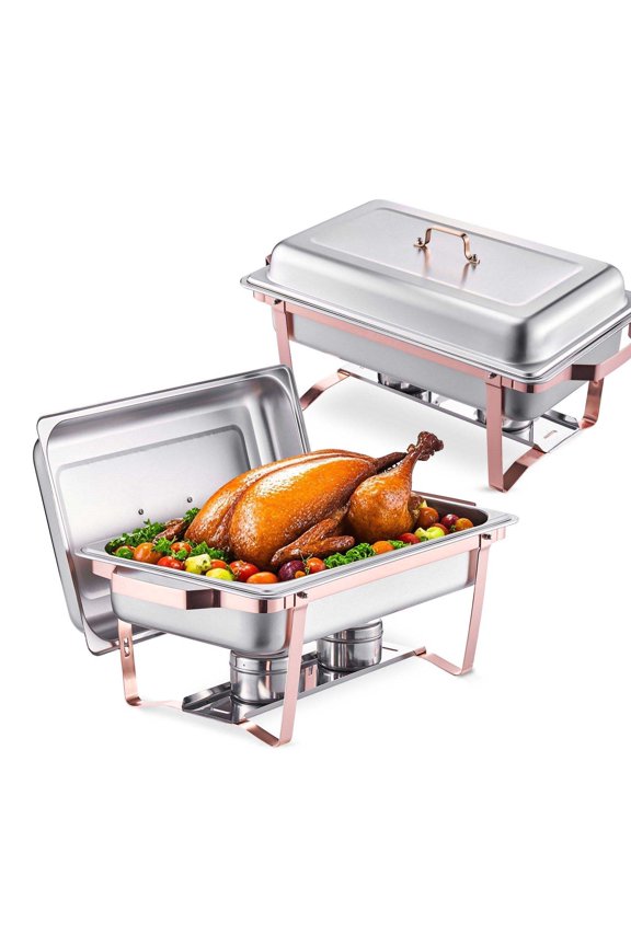 8 Qt Chafing Dish Set - 2 Pack Rectangle Buffet Server - Stainless Steel Rose Gold Full Size Pans for Catering, Weddings, Parties, Food Warmers