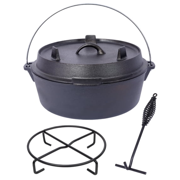 8 Quart Cast Iron Dutch Oven with Lid and Iron Pot Rack, Outdoor Camping Pot for Cooking BBQ Baking Campfire 【Versatile Lid Doubles as Skillet/Griddle】The ingenious lid with sturdy legs transforms i