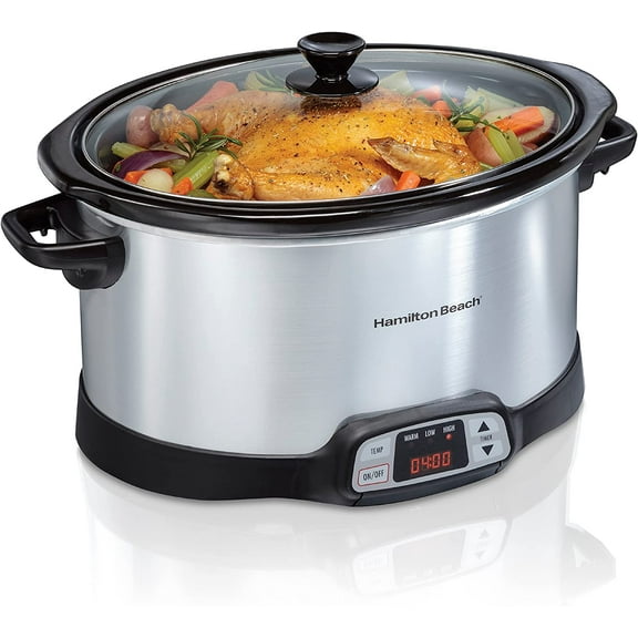 8 Quart Programmable Slow Cooker with Three Temperature Settings Dishwasher Safe Crock and Lid Silver (33480)