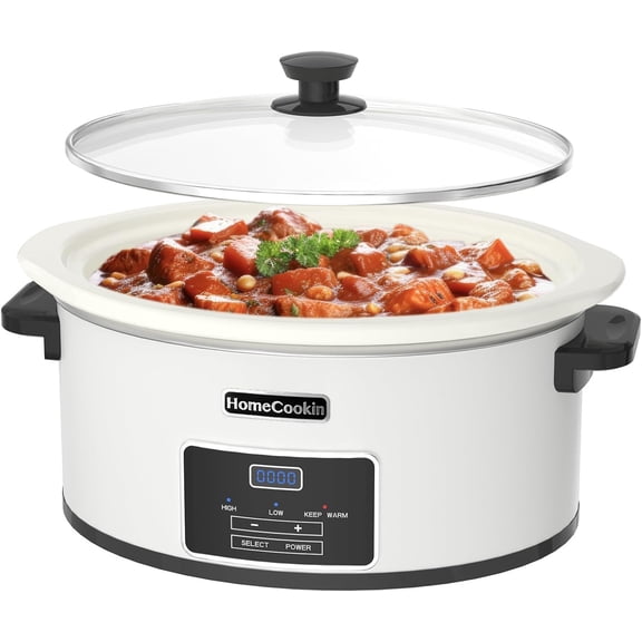 8-Quart Programmable Slow Cooker with Timer Keep Warm - Small Kitchen Appliance for Family Dinners - Serves 6+ People (White)
