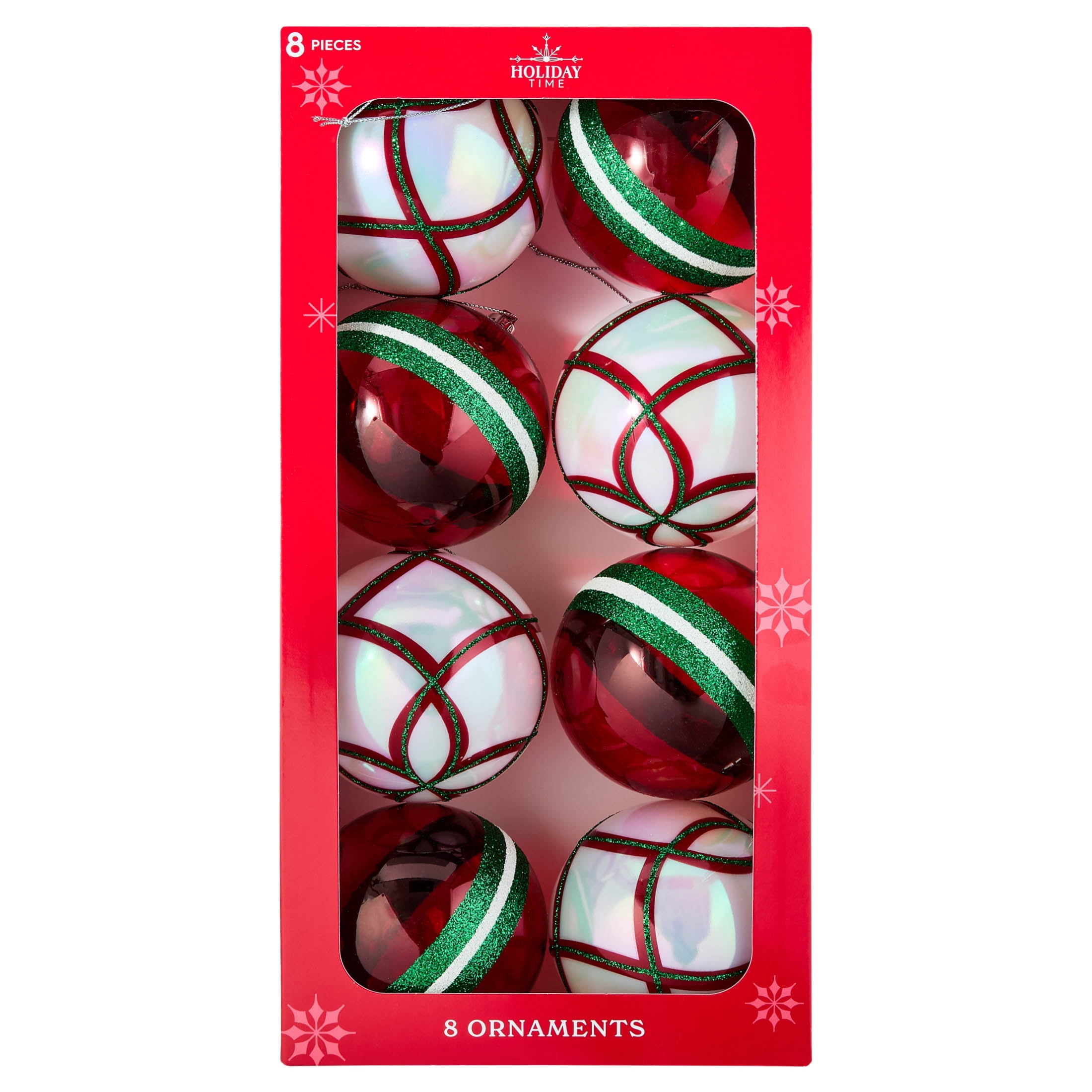 8-Count Red/Green/White Glitter Stripe Ball Shatterproof Christmas Ornaments, 4.3", by Holiday Time