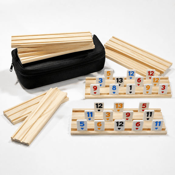 8 Racks Wooden Rummy Cube Tile Game Set With 214 Tiles, Portable Carrying Case