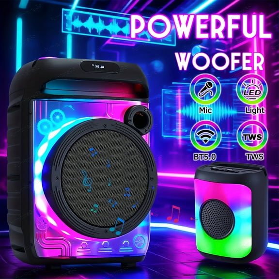 8" Rechargeable Portable Wireless Speaker, Transparent Motion Party Lights, Wired & Wireless Mics, TWS/FM/AUX/USB/TF Supported