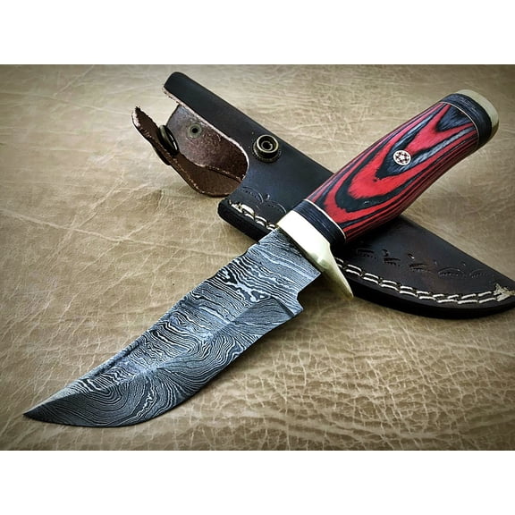 8" Red And Black color round scale trailing point Damascus blade skinning knife