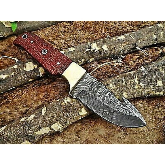 8" Red Damascus steel gut hook blade Skinning pocket knife with Leather sheath