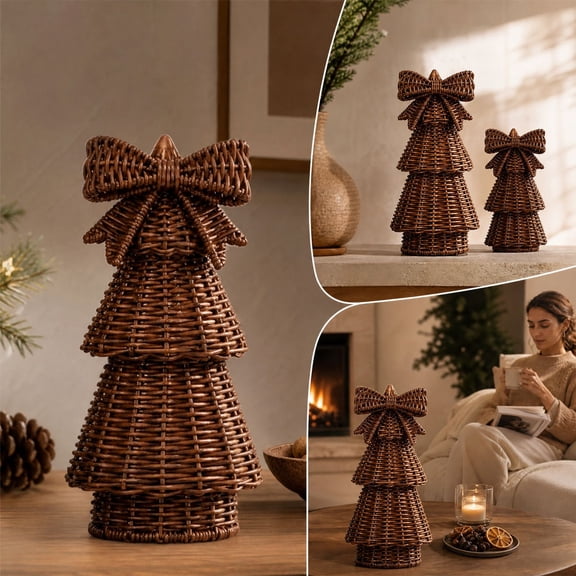 8" Resin Rattan Christmas Trees Ornament Rustics Table Decor Small Christmas Tree Xmas Figurine for Shelf Table Mantel Display Christmas Gift